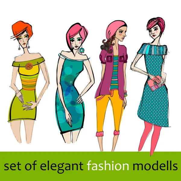 Uppsättning av illustrerade elegant stiliserade mode modeller — Stockfoto