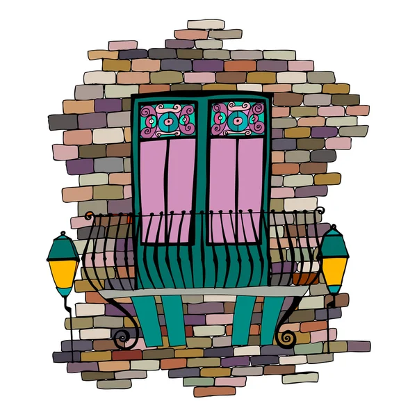 Illustration of old brick wall with balcony — Stock Photo, Image