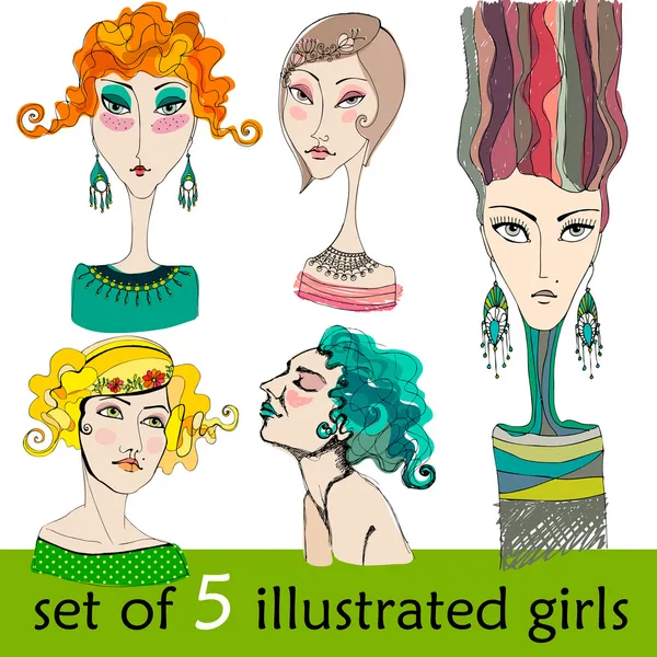 Set of illustrated cute abstract girls — Stock Photo, Image