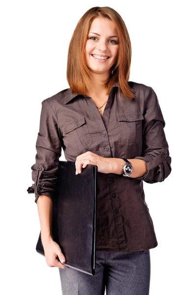 Porträtt av en framgångsrik affärskvinna som innehar en mapp och smil — Stockfoto