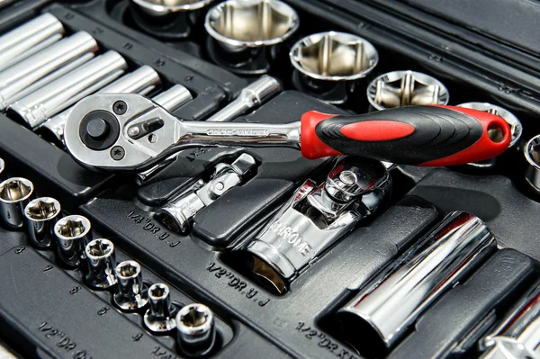 Close up shot of kit of metallic tools — Stock Photo, Image