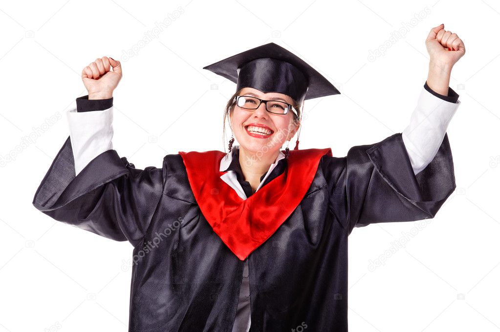 Happy female graduate with arms up