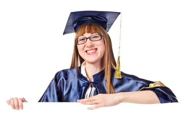 Portrait of a graduating woman with a banner — Stock Photo, Image