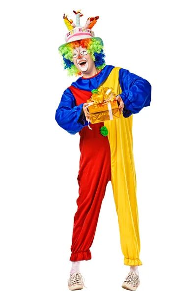Happy birthday clown with a gift box — Stock Photo, Image