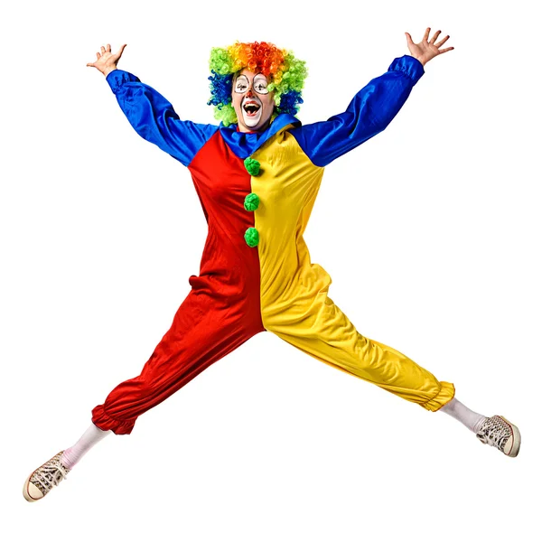 Legrační klaun skákání na bílém pozadí — Stock fotografie