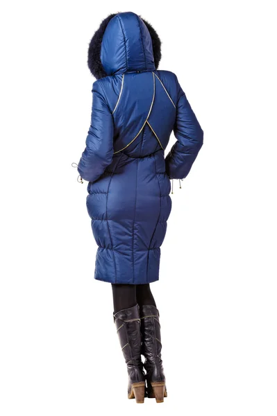 Vista trasera de la mujer en abrigo con capucha azul invierno —  Fotos de Stock