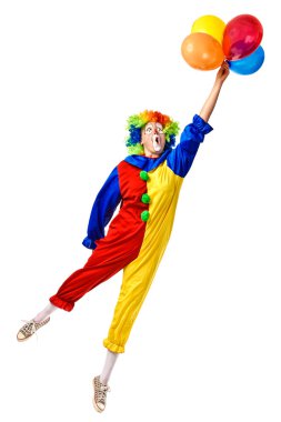 Flying birthday clown with a bunch of balloons clipart