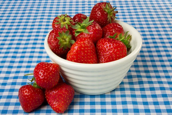 Skål med jordgubbar på en blå gingham bordsduk — Stockfoto