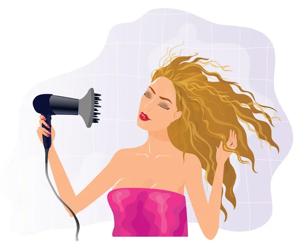 Saç kurutma makinesi ile sarışın kız — Stok Vektör