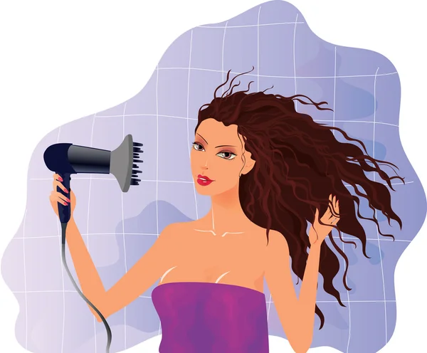 Brunette fille avec sèche-cheveux — Image vectorielle