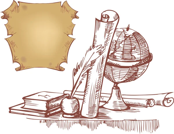 Натюрморт с глобусом, книгами и старыми картами — стоковый вектор