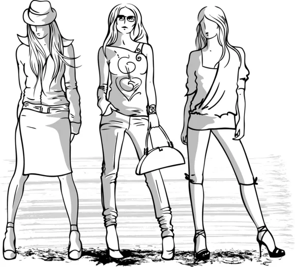Иллюстрация трех девушек моды — стоковый вектор