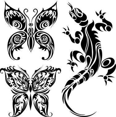 Tattoo drawings of butterflies and lizard clipart