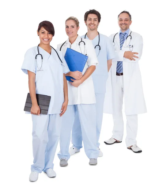 Grupp läkare står tillsammans över vit — Stockfoto