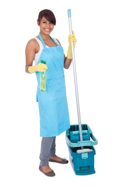 Wanita ceria bersenang-senang sambil membersihkan — Stok Foto