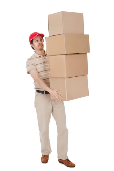 Entrega homem carregando pilha de caixas — Fotografia de Stock