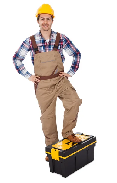 Retrato do reparador em pé na caixa de ferramentas — Fotografia de Stock