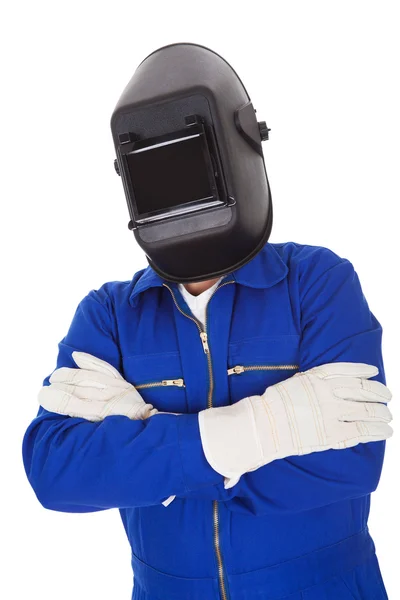 Retrato de soldador confiante na máscara — Fotografia de Stock