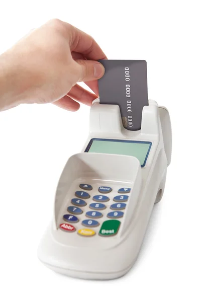 Inserting credit card into bank terminal — Stock Photo, Image