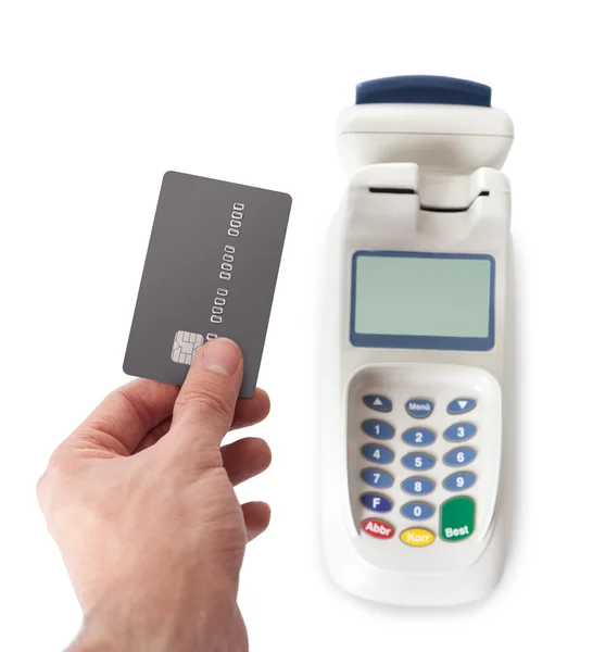 Betalen met creditcard via bank terminal — Stockfoto