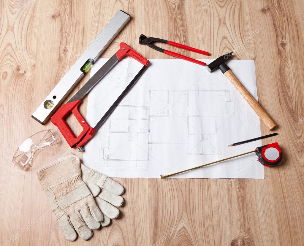 Carpenter tools and building plan