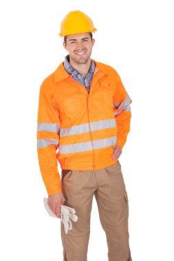 Emanet ceket giyen işçi portresi