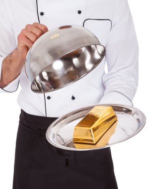 Portrait of happy chef holding tray clipart