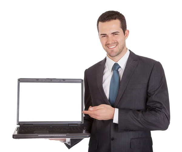 笔记本电脑的成功商人的肖像 — 图库照片