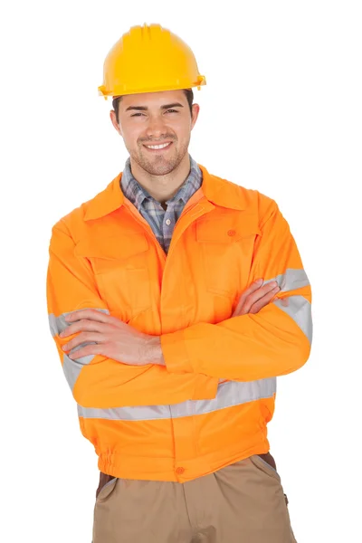 Retrato del trabajador con chaqueta de seguridad — Foto de Stock