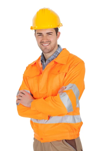 Álló munkavállaló viselő biztonsági dzseki — Stock Fotó