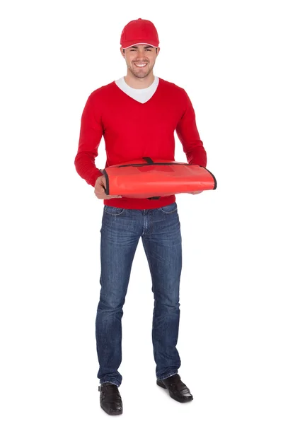 Portrét pizza poslíček s tepelnou bag — Stock fotografie