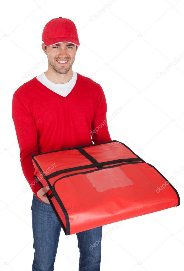Portrait of pizza delivery boy with thermal bag