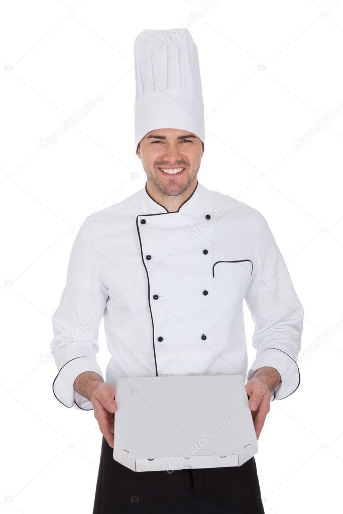 Portrait of happy chef holding pizza box