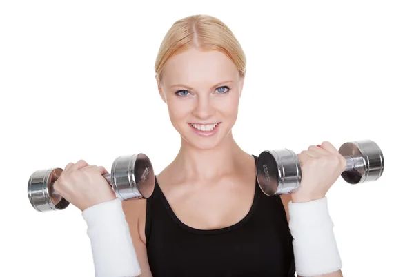 Fitness nő csinálás mér képzés — Stock Fotó
