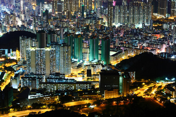 Downtown in Hong Kong view from high at night