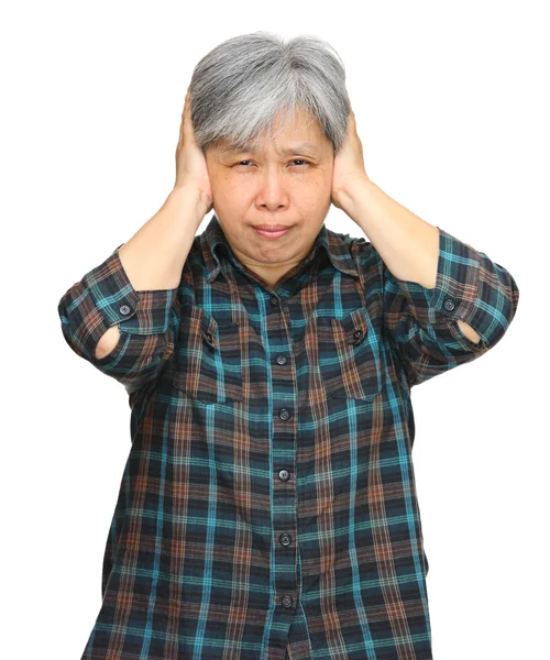 Azjatyckie kobiety starsze zamknięcie uszu rękami — Zdjęcie stockowe