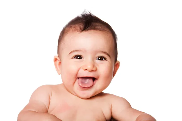 Glada skrattande bebis ansikte Stockbild