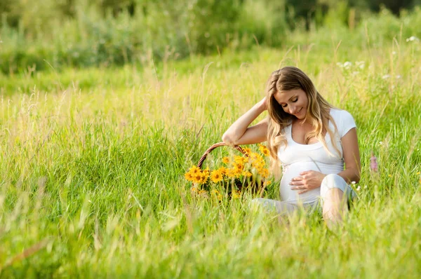美丽的孕妇在公园里休息 免版税图库图片