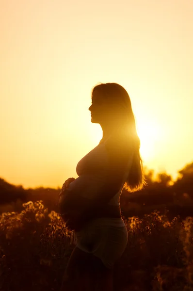 Όμορφη έγκυος γυναίκα χαλαρώνοντας στο πάρκο Φωτογραφία Αρχείου