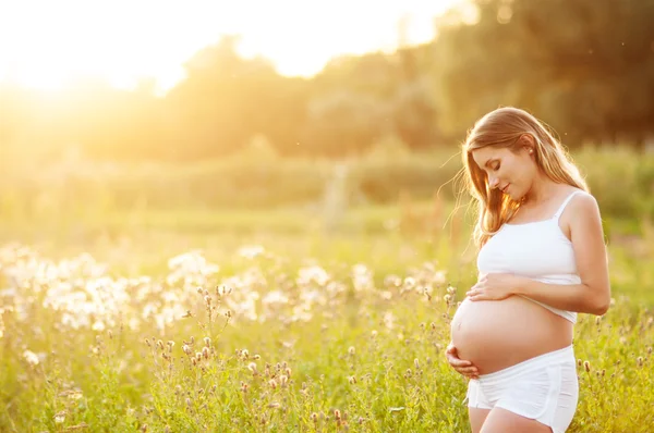 Красивая беременная женщина отдыхает в парке Стоковое Фото
