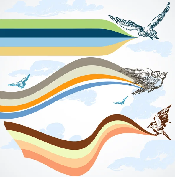 カラフルなバナーで空を飛んでいる鳥 — ストックベクタ