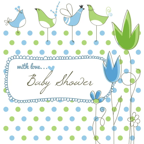 Jolie douche de bébé, fleurs et oiseaux — Image vectorielle