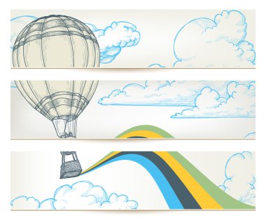 Hot air balloon over sky vector banners clipart