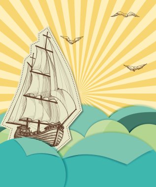 Retro sea background with sailing ship clipart