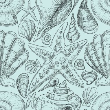 Beach seamless pattern with shells and starfish sketch clipart