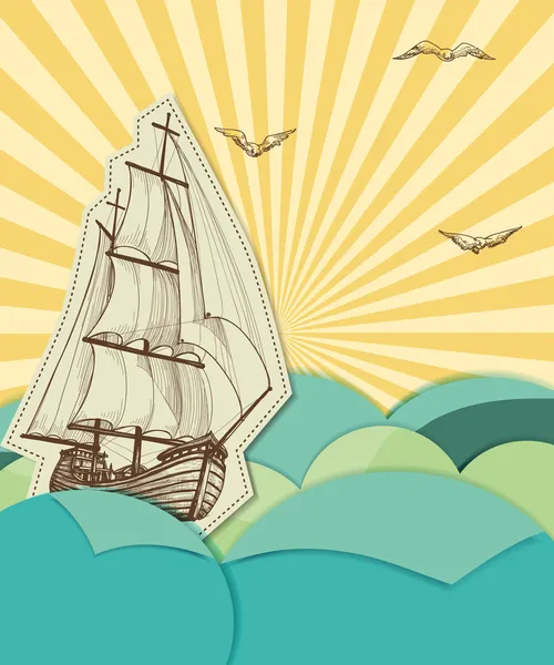 Retro sea background with sailing ship — Stock Vector