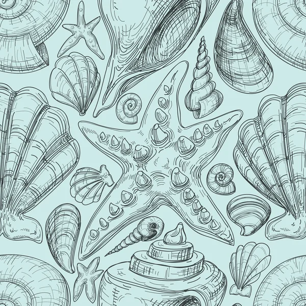 海滩无缝模式以贝壳和海星剪影 — 图库矢量图片