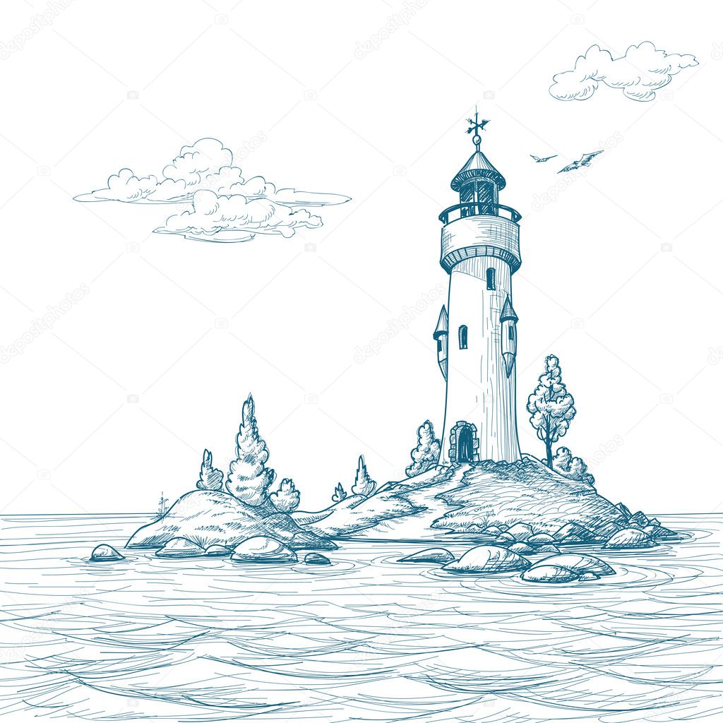 Lighthouse island in the sea