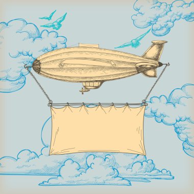 Blimp flying banner for text over blue sky clipart