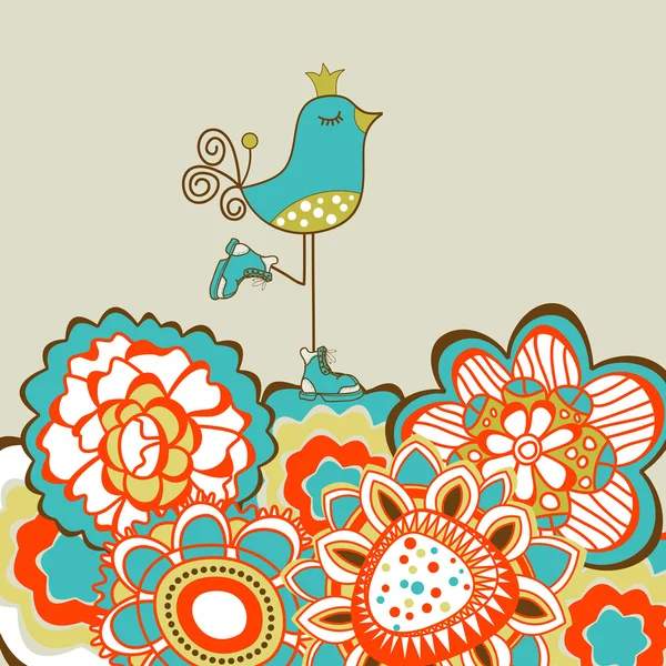 Çiçek Bahçesi ve sevimli kuş — Stok Vektör